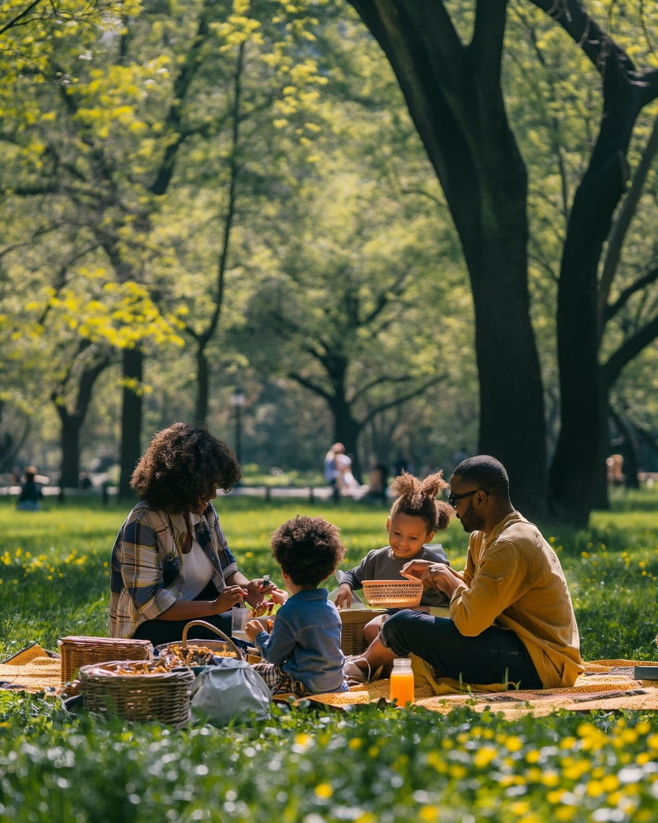 A family having a picnic in a sunny park