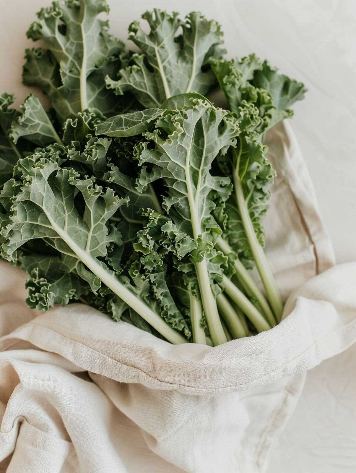 A bunch of fresh green kale on linen