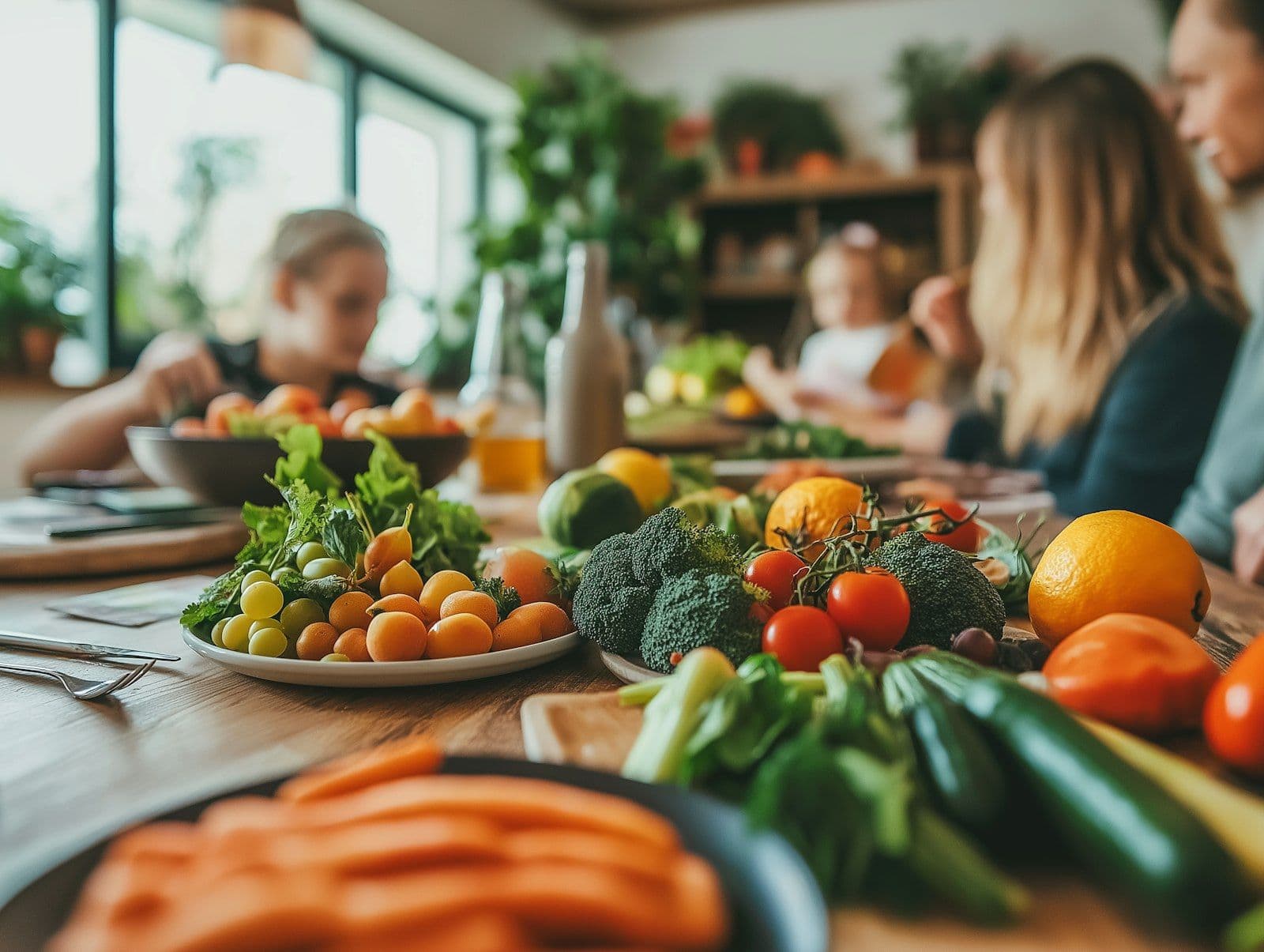 A long table of colourful vegetables and fruit shared by friends