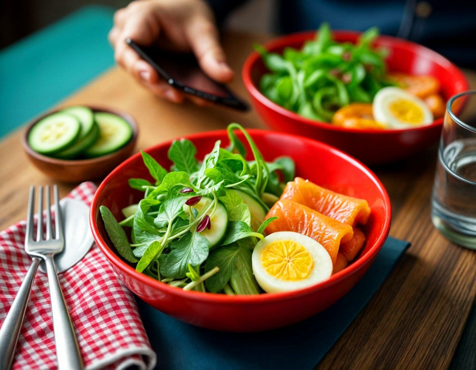 Two bowls of leafy salad with salmon and egg on a wooden table