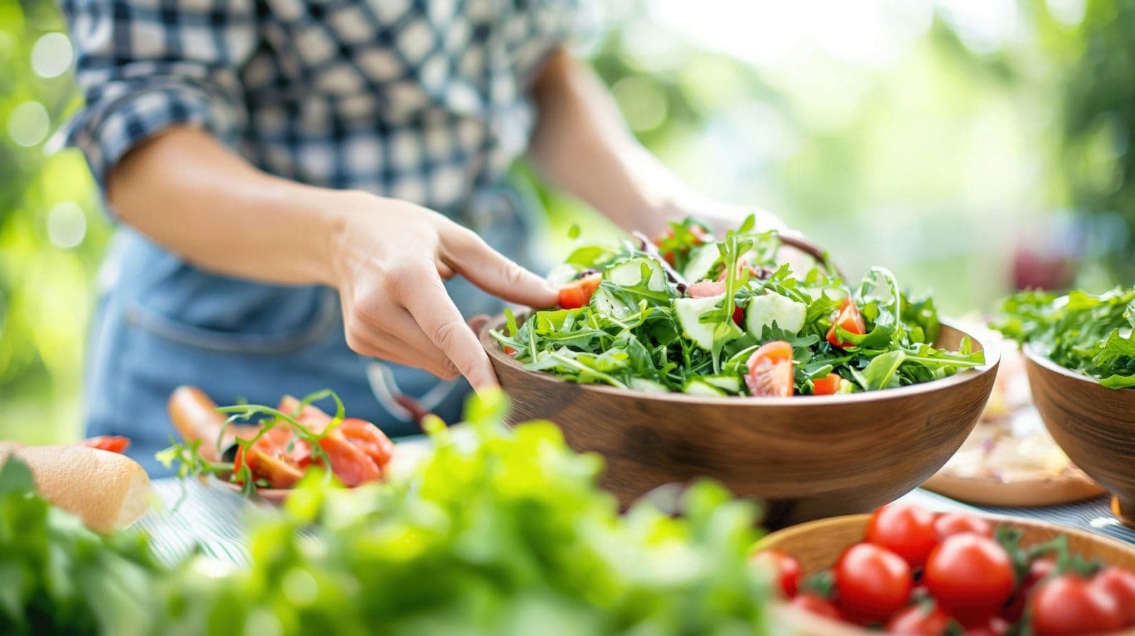 Hands tossing a fresh green salad outdoors