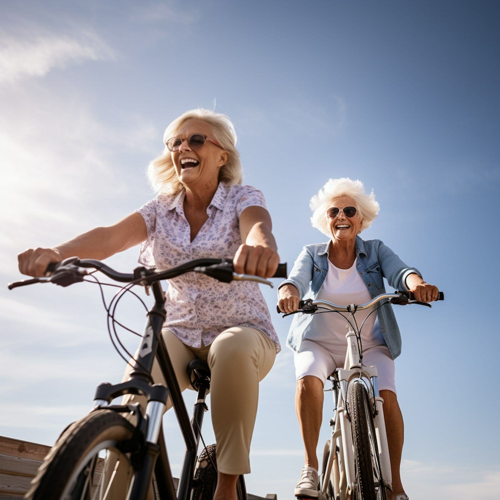 Two older friends laughing as they ride their bikes
