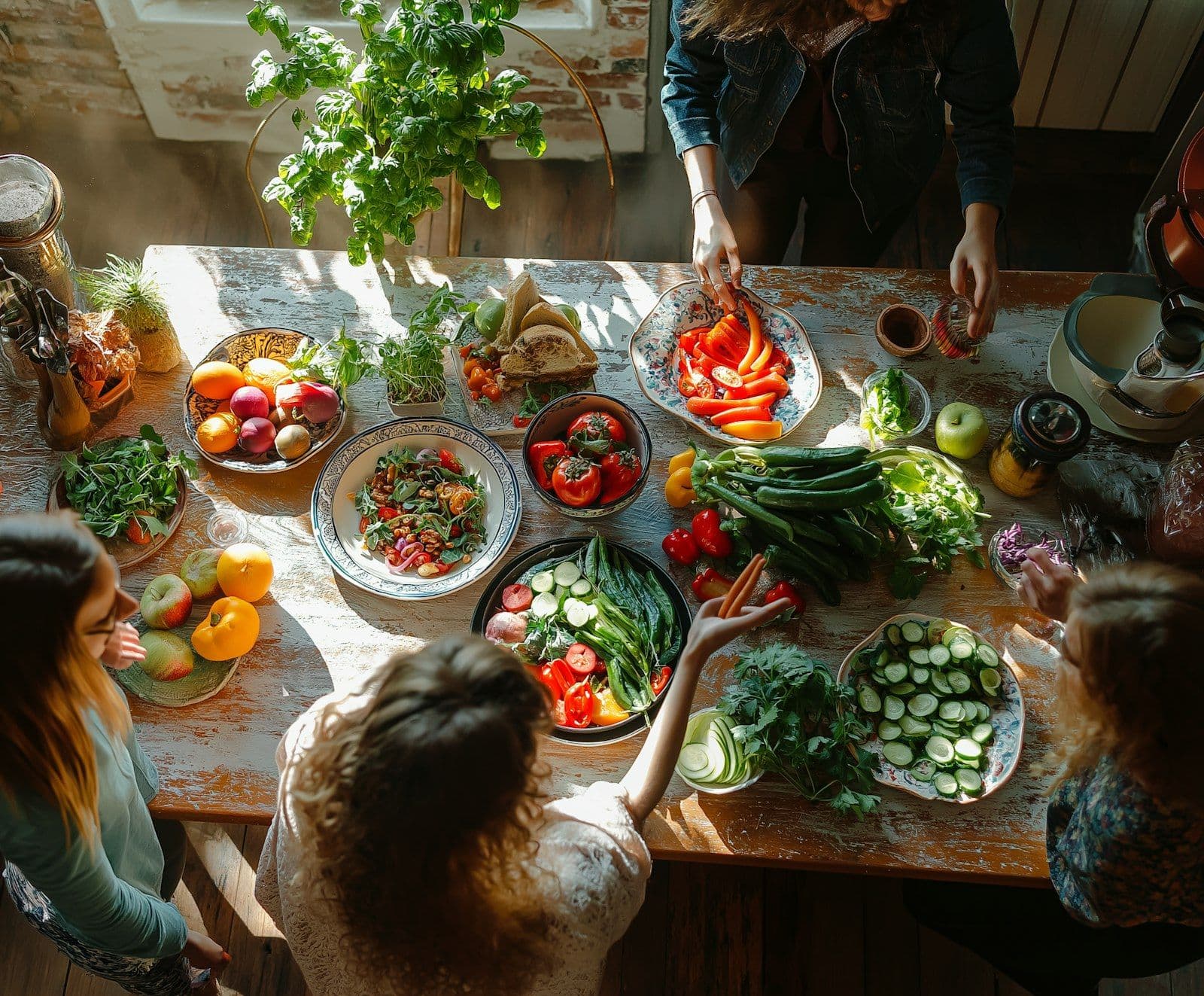 Friends preparing a table full of fresh vegetables and salads together