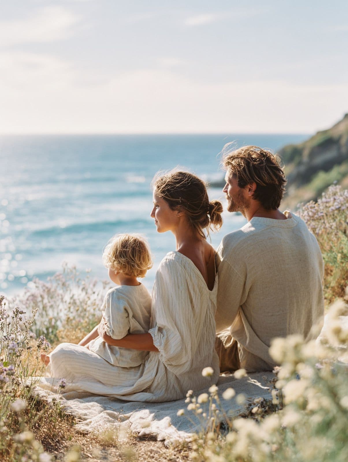 A family sitting together on a grassy cliff, looking out over the sea