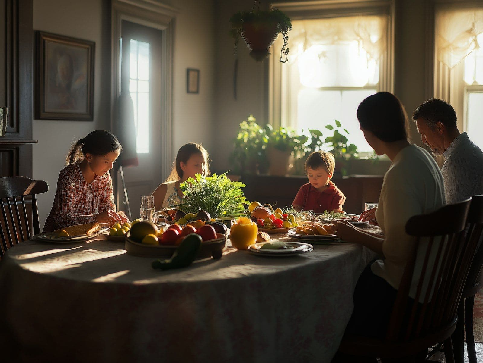 A family gathered around a kitchen table full of fresh vegetables