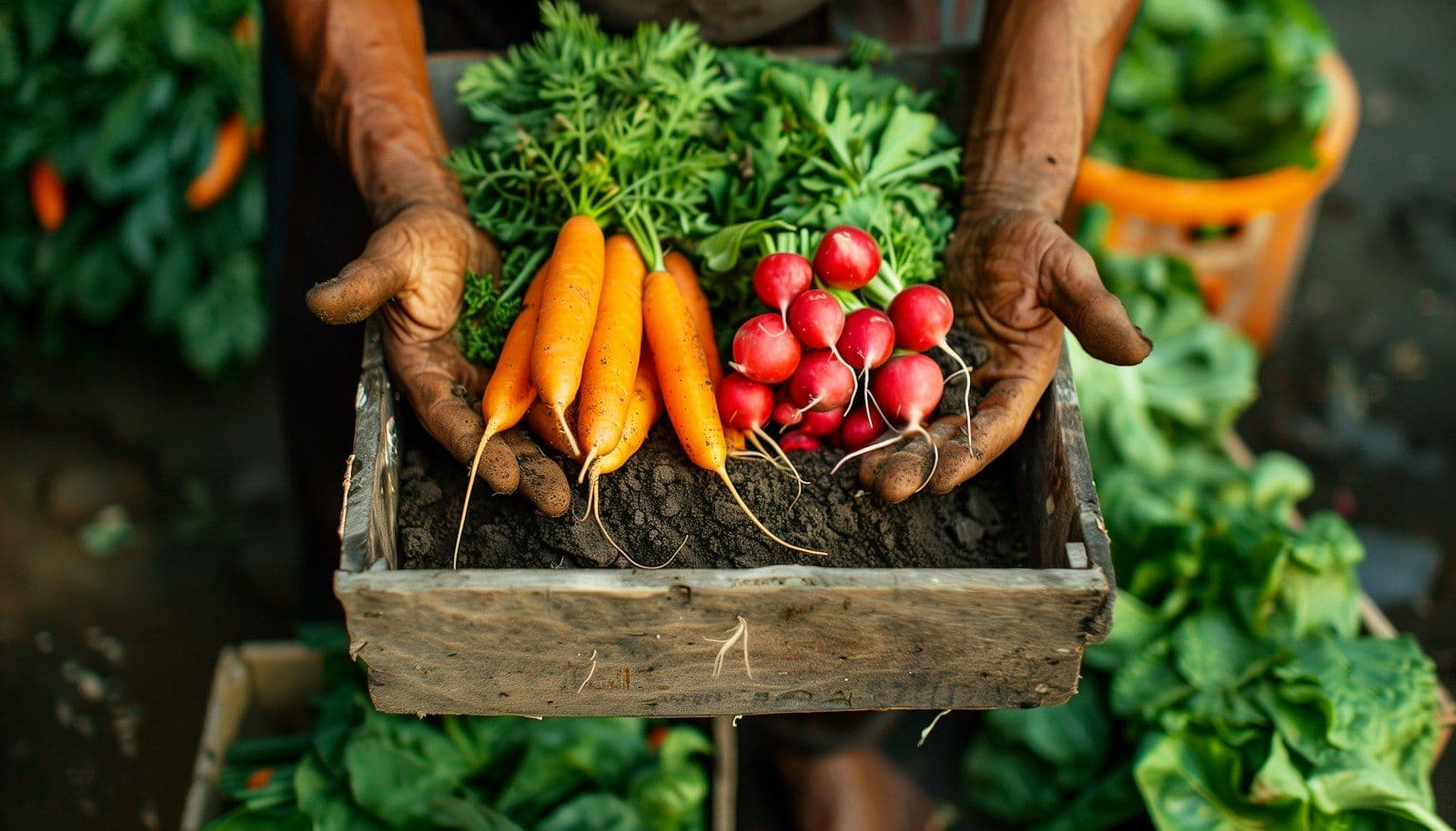 Hands holding a crate of freshly harvested carrots and radishes