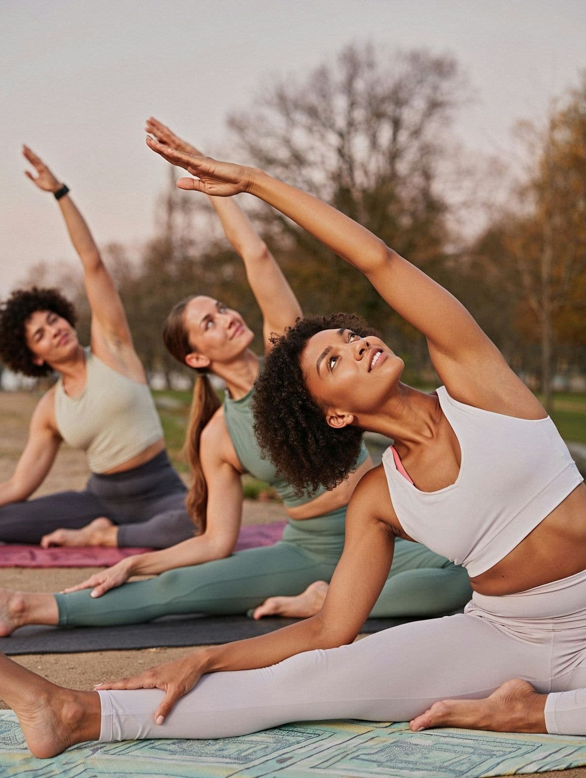 Friends stretching together in an outdoor yoga class