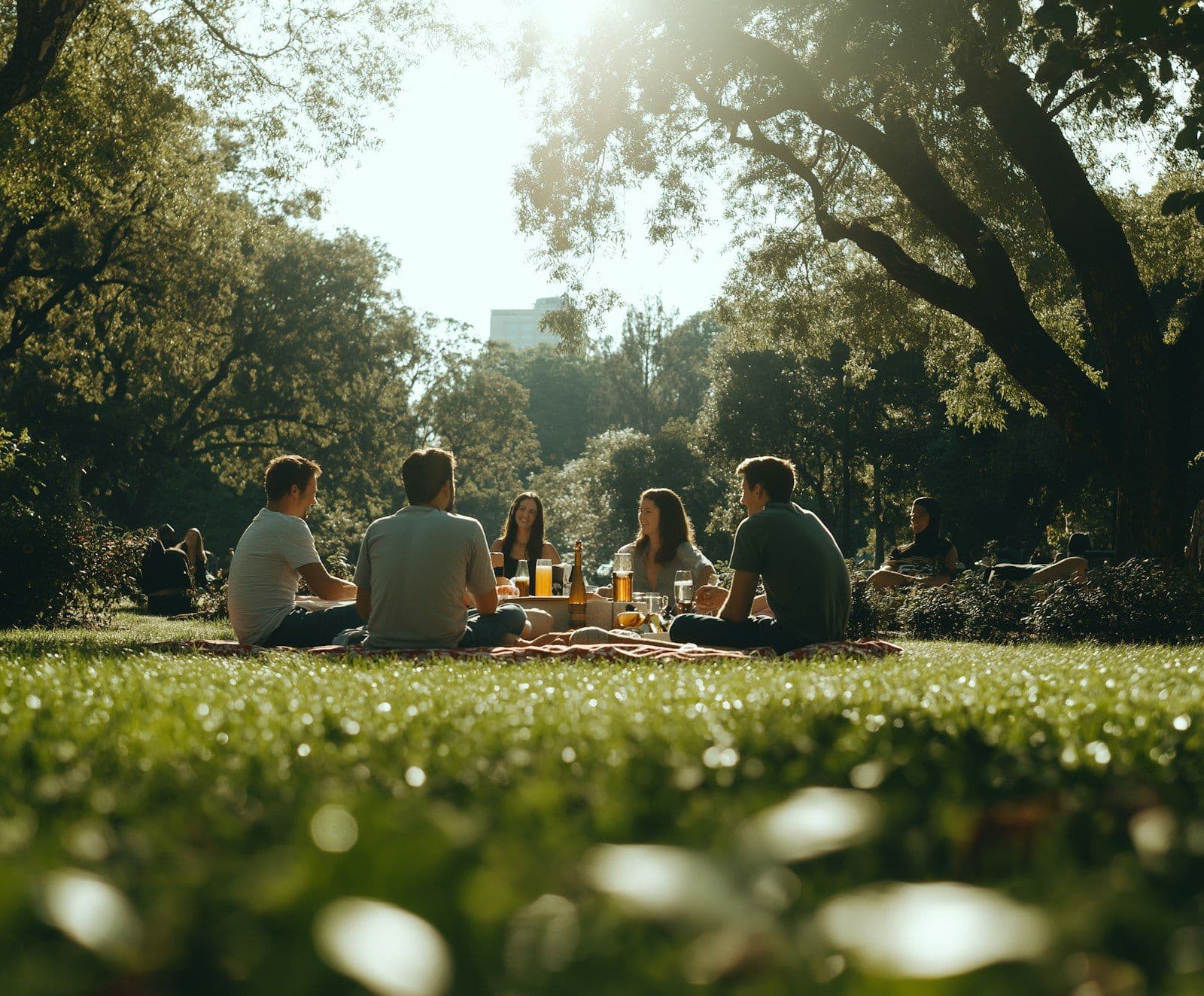 Friends sitting together on the grass in a sunny park